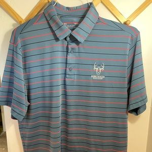 Size large blue Under Armour golf polo with King’s Deer Golf Club logo on chest.